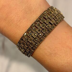 Vintage Sterling Silver Square Cut Marcasite Five Row Bracelet 925 Wide Art Dec